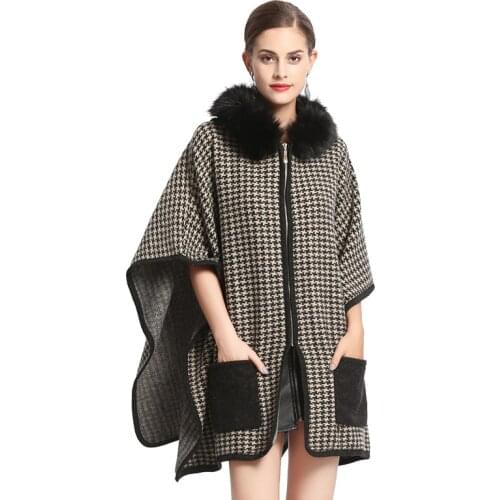 SWONCO Zipper Lose Womens Cape Winter Warm Fur Coat Poncho 2019 Plaid Cape Dress Coat Women Winter Cloak With Fur Ponchos Black