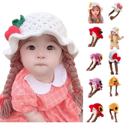 Baby Girls Braided Wig Woolen Yarn Knitted Hat Sunflower Cherry Caps Photo Prop