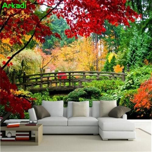 Custom 3D Wallpaper Design Autumn Forest Photo HD Woodcut Effect Small Bridge Autumn Decorative Painting Background Wall Kitchen
