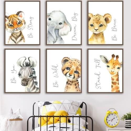 Lion Elephant Giraffe Zebra Tiger Kawaii Animal Nordic Posters And Prints Wall Art Canvas Painting Wall Pictures Kids Room Decor