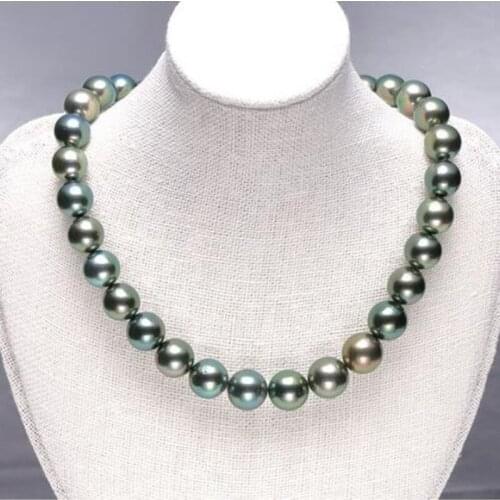 Stunning AAA 11-12mm freshwater black green pearl necklace 18inch 925silver