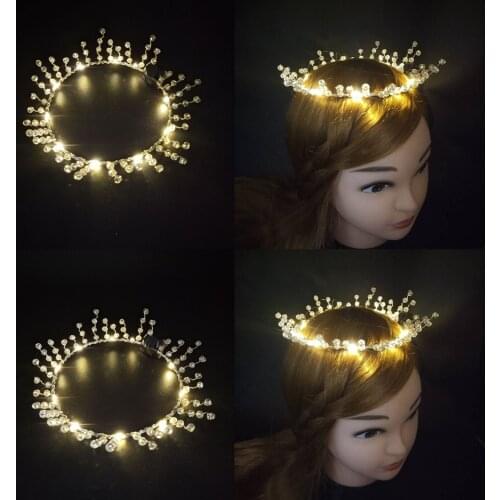 Women Girls Luminous Beads Crown Hair Band Wreath Fairy Lights Light Up Headband Pearl Bridal Headdress Glow Wedding Party Gift