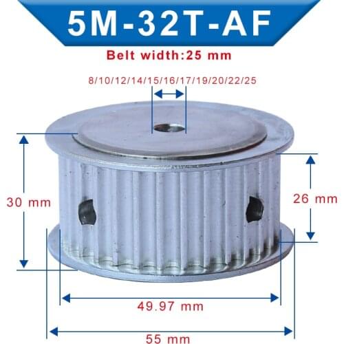 Belt Pulley 5M-32T Bore 8/10/12/14/15/16/17/19/20/22/25 mm Aluminum pulley Slot Width 26 mm For Width 25 mm 5M-synchronous belt