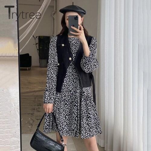 Trytree 2021 Spring Summer Two piece set Casual Button Black Vest + Puff Sleeve Loose Floral Dress Office Lady Suit 2 Piece Set