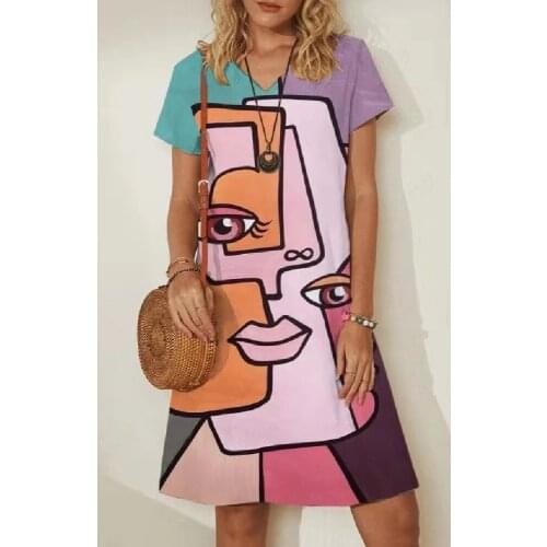 Vintage Cartoon Print V-Neck Midi Dress Women Summer Casual Short Sleeve Dresses Ladies Elegant Fashion Loose Dress 2021 Vestido