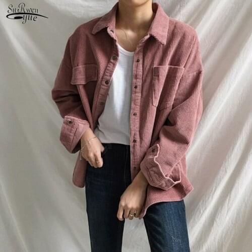 Vintage Corduroy Shirt Women Asymmetrical Pockets Korean Blouse Femme Loose All-match Boyfriend Style Woman Shirts Casual 11537