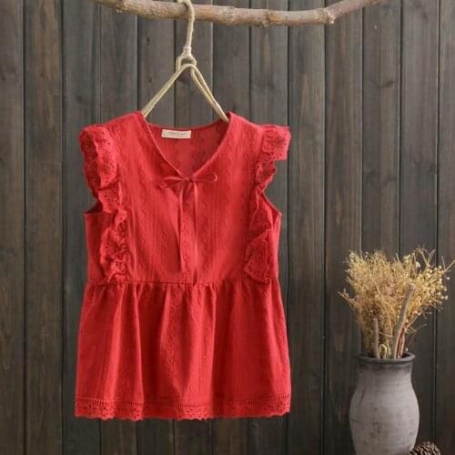 2019 new summer women Japan style sweety Hollow Lace cotton embroidery sleeveless shirt female drawstring O-Neck blouse tops