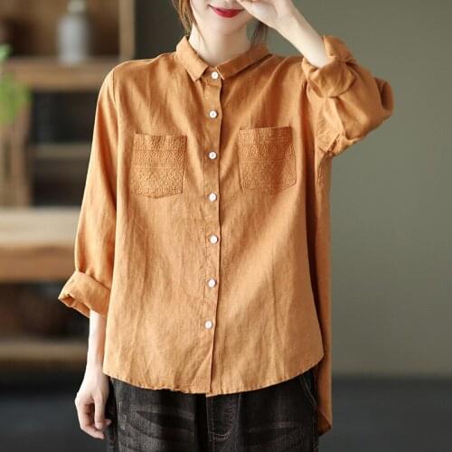 QPFJQD Ladies Embroidered Pocket Shirts Linen Turn Down Collar Women Solid Color Full Sleeve Loose Blouse Spring Autumn