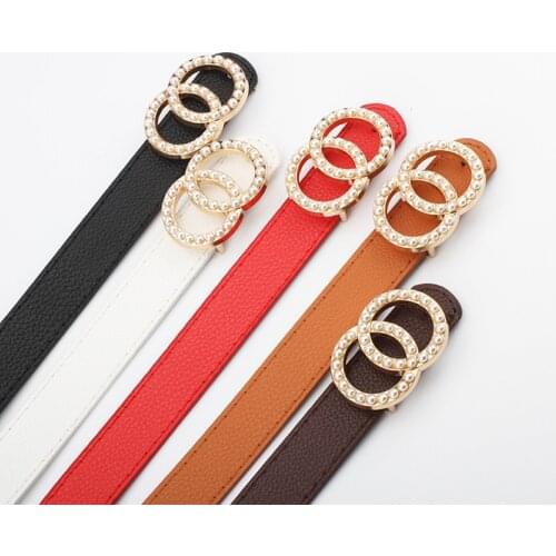 Leather belt women waist luxury black red belts for jeans dresses woman pearl studded buckle girls ladies fashion decorative