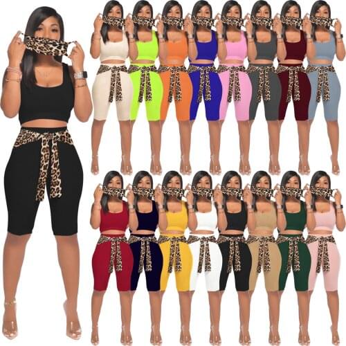 Tracksuit Women 2 Piece Set Leopard Patchwork Tank Top + Skinny Biker Shorts Fitness Solid Jogger Set 2021 Summer Sporty Outfits