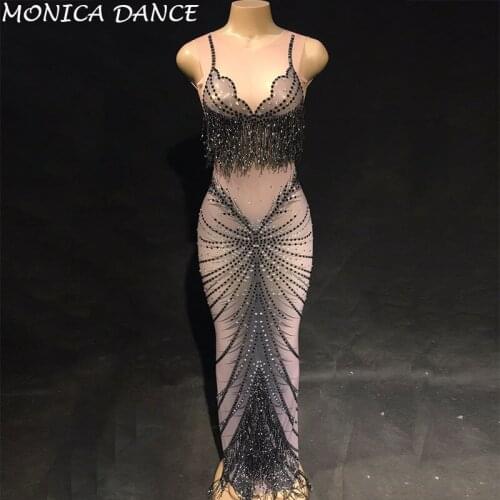 Women Sexy Stage Dress Black Rhinestone Mesh Perspective Sleeveless Dress Wedding Birthday Celebrate Costume See Through Dress