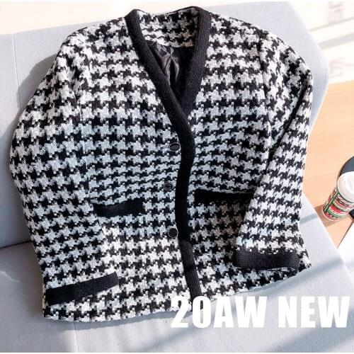 2021 spring auutumn winter women elegant black white Houndstooth plaid tweed coats v-neck single breasted loose outerwear Y367