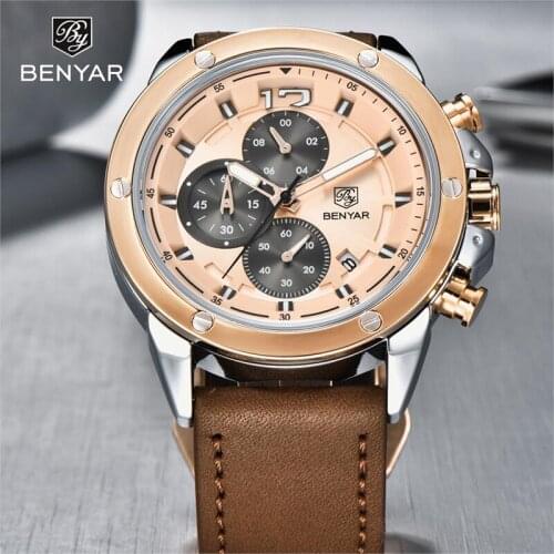 Benyar 2021 New Top Luxury Fashion Casual Men' Quartz Watch Multifunctional Waterproof High-quality Leather Calendar Clock Reloj