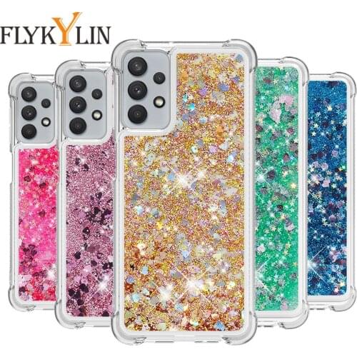 Fundas on For Samsung Galaxy A32 5G Case Glitter Love Heart Liquid Quicksand Phone Case For Samsung A32 A 32 Silicone Back Cover