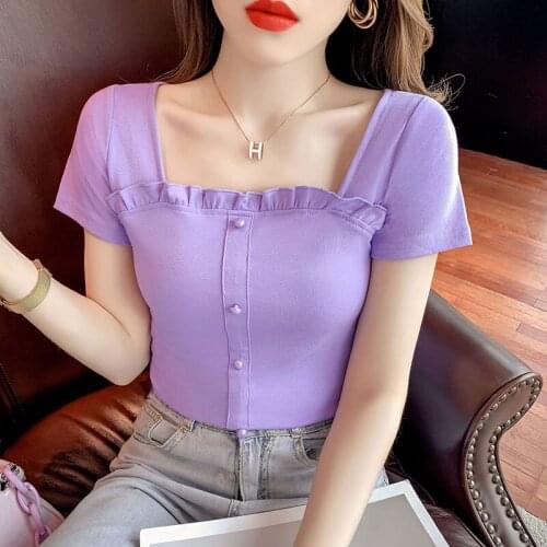 Sexy square collar Summer Fashion Short T Shirt Women Tops High waist Skinny Short sleeve Women Tshirt Sexy T Shirt Tops