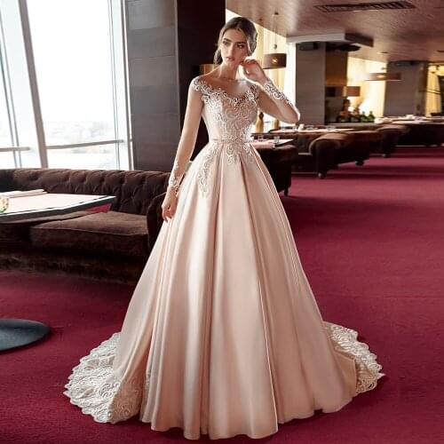 Hochzeitskleid Long Sleeve A-Line Wedding Dress Satin Abito Da Sposa O-Neck Robes De Mariage Button Back Simple Vestido De Novia