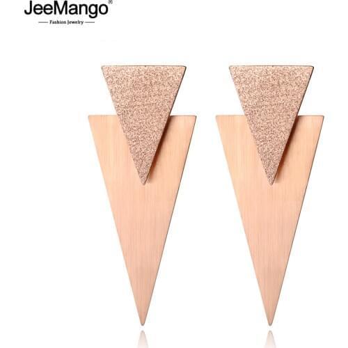 JeeMango Rose Gold Frosted & Brushed Surface Double Triangle Stainless Steel Earrings Fashion Jewelry Boucle D'oreille JE18073