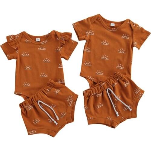 FOCUSNORM 0-18M Summer Lovely Baby Boys Girls Clothes Sets Sun Pattern Printed Short Sleeve Romper Shorts 2pcs