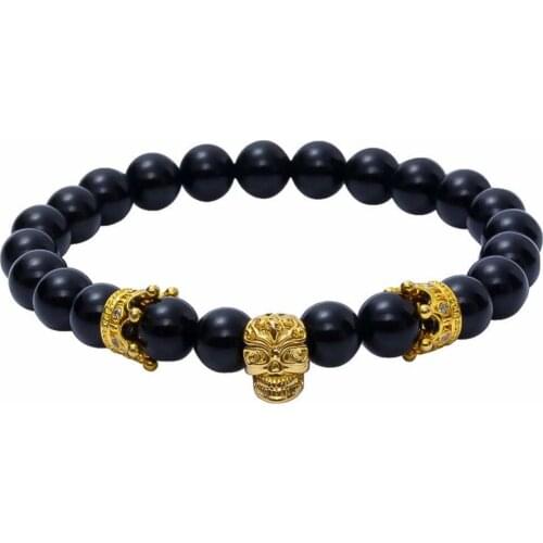 Skull Bracelet Men 8mm Natural Black Matte Onyx Stone CZ Beaded Imperial Crown Bracelet Atolyestone Jewelry Pulseira Masculina
