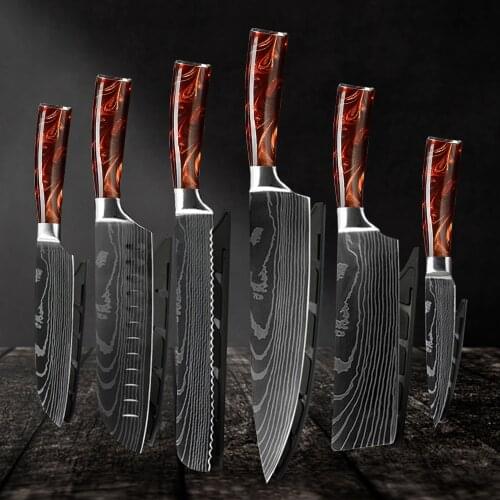 Kitchen Knives Set Stainless Steel Laser Damascus Pattern Chef Santoku Cleaver Slicing Utility Knife Tool