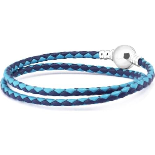 Genuine 925 Sterling Silver Jewellery Mixed Blue Woven Double Leather Bracelets Women Sterling Silver Jewelry Accessories