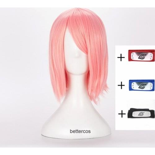 Naruto Haruno Sakura Cosplay Wig Short Pink Heat Resistant Synthetic Hair Wig + Wig Cap + Headband