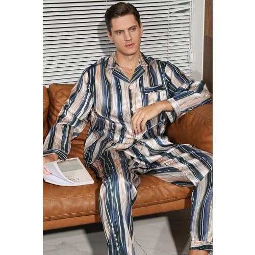 19MM 100% Silk Pyjama Set Men Sleepwear Home Suit Printed Lounge Pant Satin Pajamas Autumn Spring Nightgown Sleep Clothes XXXL