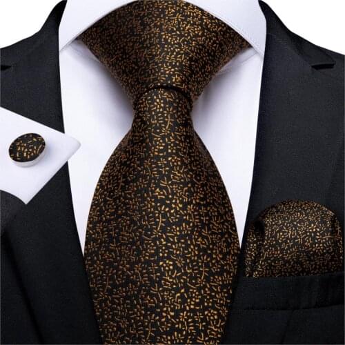 Gift Men Tie Black Gold Floral Silk wedding Tie For Men DiBanGu Novelty Design Hanky Cufflink Quality Men Tie Set Business 7324