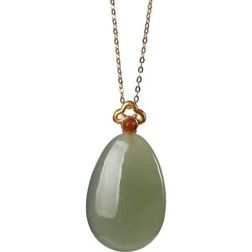 Pure gold natural Hetian gray jade pendant vintage drop-shaped temperament Lady pure gold choker pendant