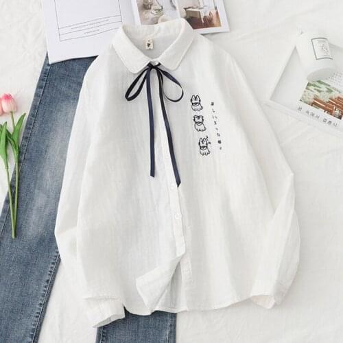 Japanese Cartoon Kitten Embroidery Soft Cotton Shirt Women Spring Autumn Turn Down Collar Long Sleeved Female Blouses Tops U256