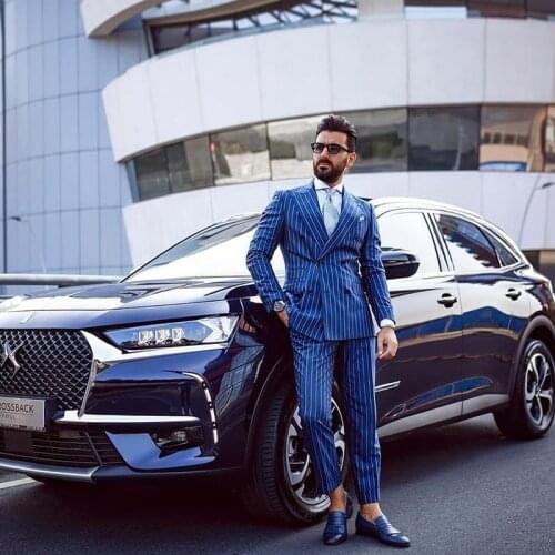 Custom Made Pinstripe Doube Breasted Mens Tuxedos Slim Fit Two Pieces Groomswear(Jacket+Pants)