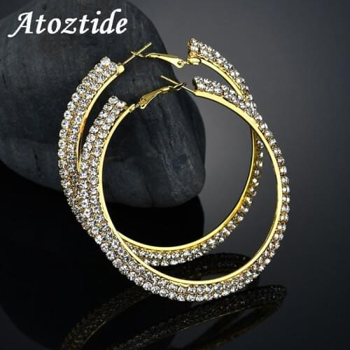 Atoztide 30-70mm Fashion Double Rows Crystal Hoop Earrings For Women Gold Silver Color Basketball Wives Circle Earrings Party