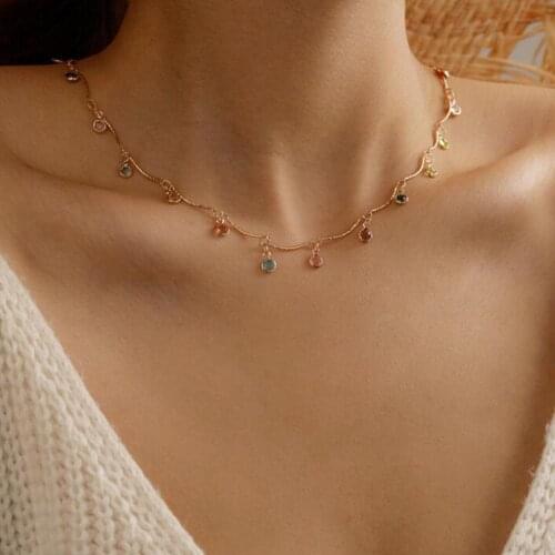 Stylish Women Colorful Rhinestones Pendant Chain Necklace Party Jewelry Gift