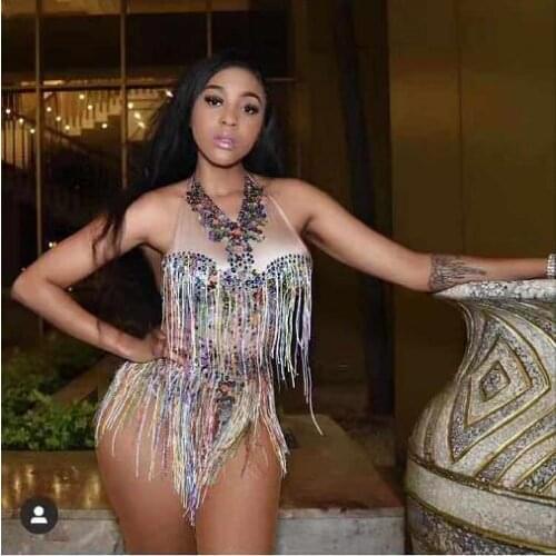 Rhinestones Tassel Nightclub Bodysuit Women Stretch Sexy Leotard Celebrity Performance Dancer Costumes Latin Outfits