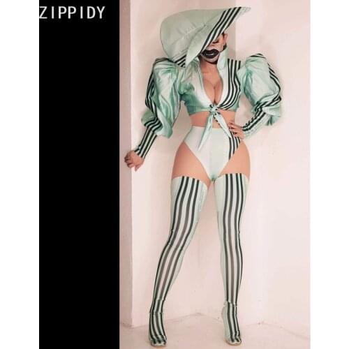 Black Stripe Top Short Cap Legging Outfit Prom Party Club Show Wear Set Bar Women Singer Jazz Dance DS Outfit Set