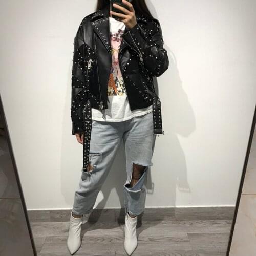 Ladies rivet real leather jacket women genuine leather jacket