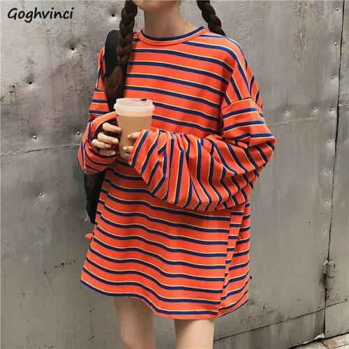 Long Sleeve T-shirts Women Striped Loose Streetwear Korean All-match Orange Students Ulzzang Chic Stylish Autumn BF Ins Tees New