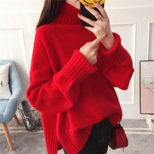 Autumn High collar Split Hem Thick Warm Red Knitted Pullover Sweater Women Loose Plus size Soft Ladies Turtleneck Knit Jumper
