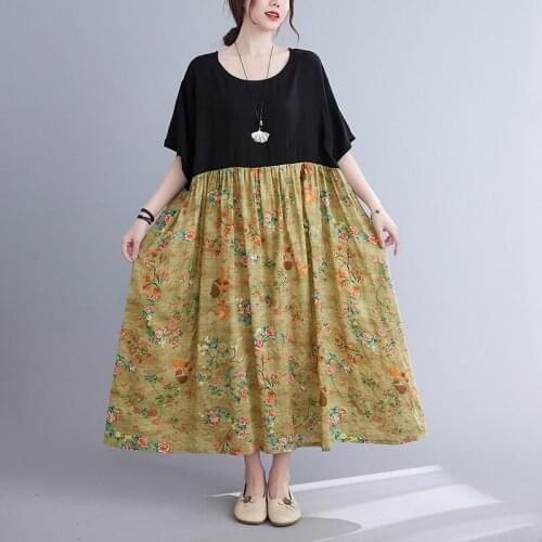 Patchwork Print Floral Vintage Dress 2021 New Arrival Short Sleeve Loose Summer Dress Oversized Loose Women Travel Casual Dress