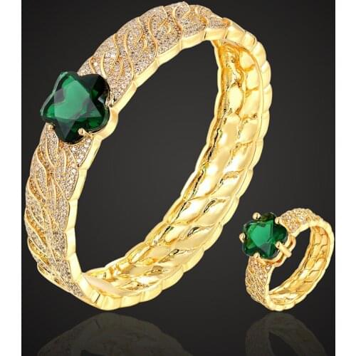 Zlxgirl Brand Green cubic zircon Flower bridal bangle jewelry sets oval metal copper Bracelets & ring sets For Women couple gift