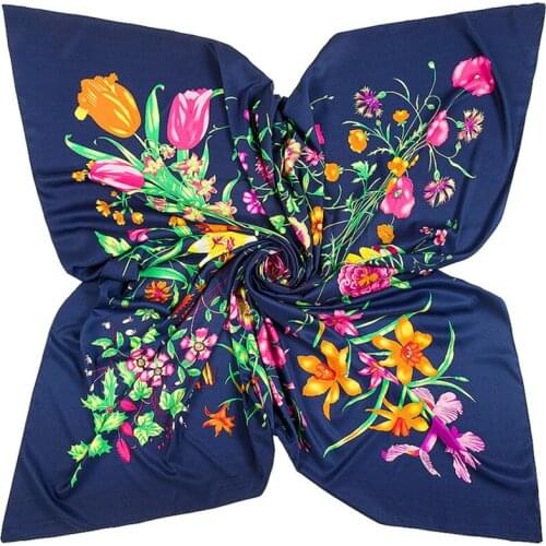 130*130cm Twill Silk Scarf Floral Square Hijab Scarf Women Bandana Shawls Luxury Brand Foulard Scarves Wraps For Women Echarpe
