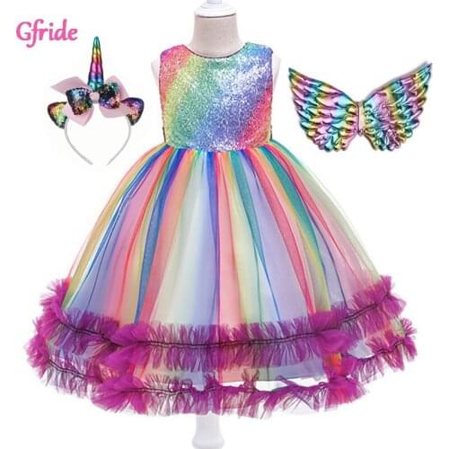 2021 Summer Princess Girls Unicorn Rainbow Costumes Headband Wings Kids Flowers Tutu Disfraz Dress Fancy Birthday Party Clothing