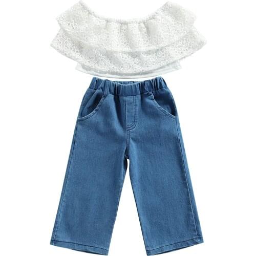 2021 2-7Y Fashion Kids Baby Girl Clothes Set White Solid Flower Lace Off Shoulder Crop Top+Pockets Denim Pants Summer 2pcs