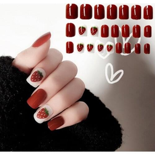 24 Pcs Press On Fake Nails Strawberry Designs Short Artificial False Nail Tips