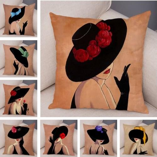 Vintage Style Elegant Lady Cushion Cover Decor European Hat Women Print Pillowcase for Sofa Home Car Soft Plush Pillow Case