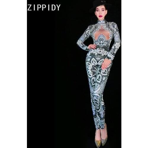 Black White Pearl Rhinestones Jumpsuit Bar Birthday Celebrate Leggings Outfit Evening Women Singer Dance Outfit