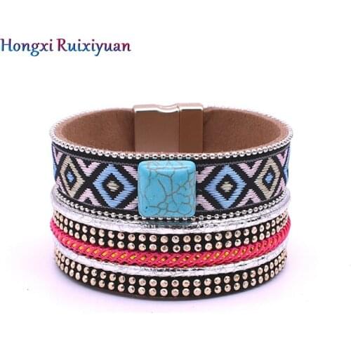 Leather Bracelet Bohemian Leather Crystal Rhinestone Magnet Bracelets & Bangles Vintage Leather Lady Bracelet Jewelry