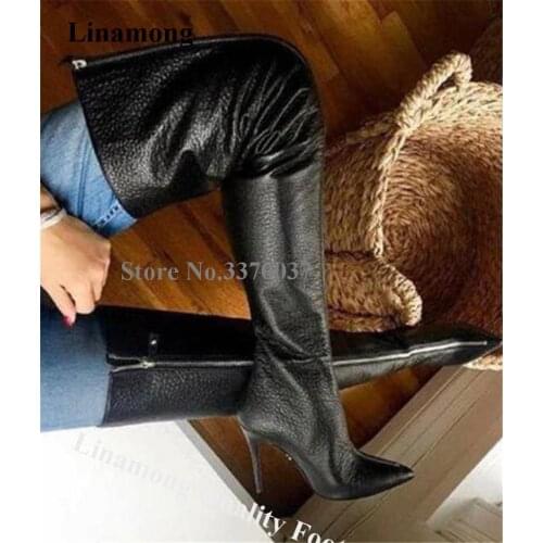 Linamong Women Elegant Pointed Toe Stiletto Heel Over Knee Boots Front Zipper-up Pattern Leather Long High Heel Boots