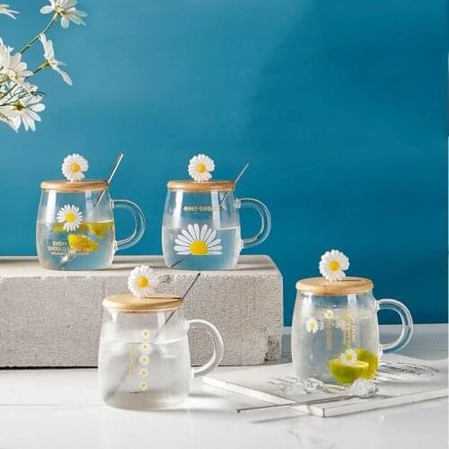Cute Pastoral Style Small Daisy Glass Cups Breakfast Mug Creative Office Flower Tea Cup Cold Drink Juice Mug Milk Cup