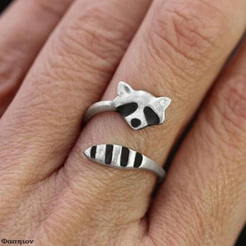 Fashion Creative Silver Color Raccoon Female Ring Cute Animal Opening Rings for Women Party Adjustable Jewelry Wholesale Anillos
